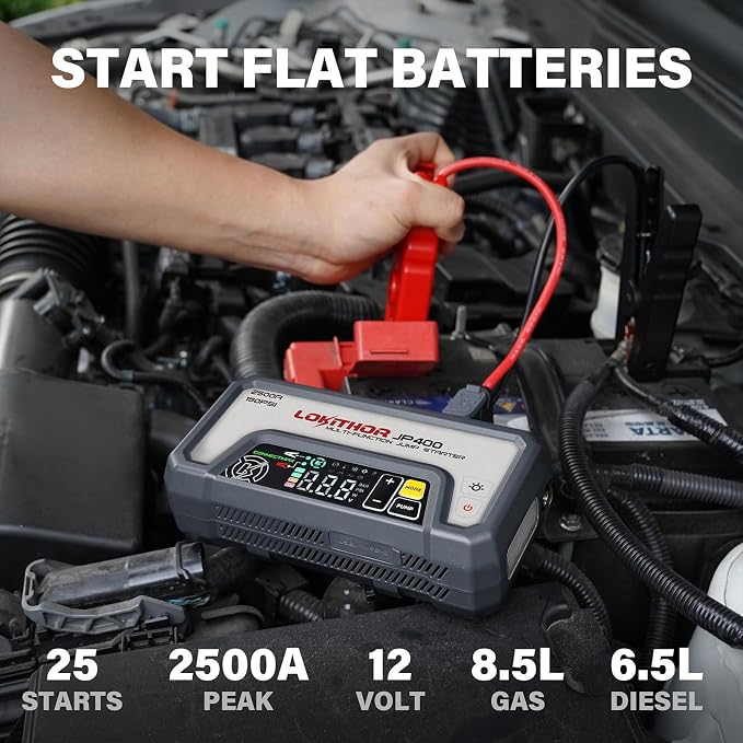 LOKITHOR JP400 Jump Starter with Air Compressor, 2500A 12V Portable Car Battery Booster Pack (8.5L Gas/6.5L Diesel) with ConnectMax Tech, 150PSI Tire Inflator, Auto-Shutoff & Dynamic Dwell (White)