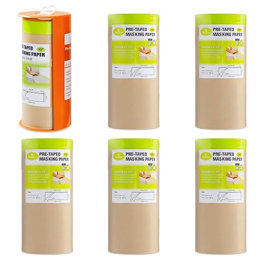 Tangibay Pre-Taped Masking Paper with Dispenser - 12" x 66' Painters Paper and Tape for Painting House, Auto Body, Cars (1 Dispenser 6 Refills)