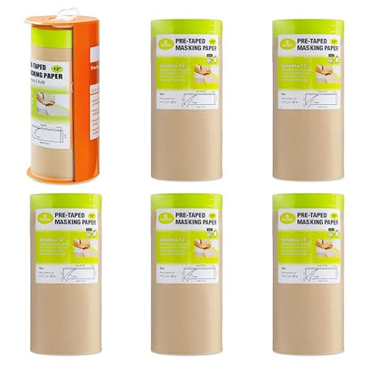 Tangibay Pre-Taped Masking Paper with Dispenser - 12" x 66' Painters Paper and Tape for Painting House, Auto Body, Cars (1 Dispenser 6 Refills)