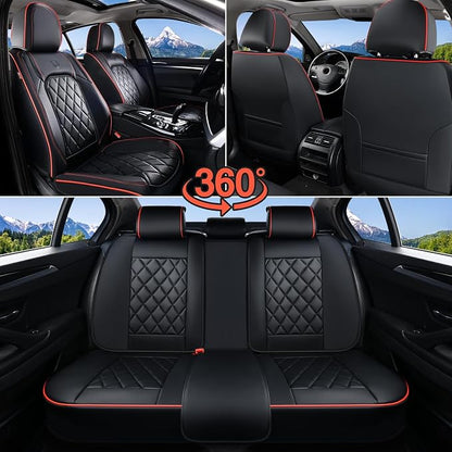 Coverado Car Seat Covers Full Set, Luxury Faux Leather Waterproof Seat Covers, Black Car Seat Covers, Universal Car Seat Protector Leather Car Seat Cushion, Carseat Cover Fit Most Cars, Black&Red
