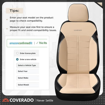 Coverado Full Set Leather Car Seat Covers, Crafted with Full Leather Construction and Carbon Fibre Weave Universal Fit for Most Cars SUV Trucks(Beige