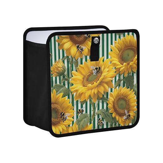 Car Trash Can Organizer Bin with Adjustable Strap for Back Front Seat Console Waterproof Leakproof Collapsible Portable 8.66 Inch Green Striped Sunflowers and Honey Bees