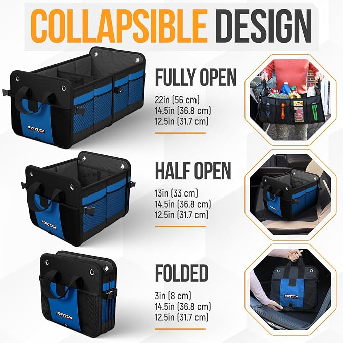 FORTEM Trunk Organizer For SUV Car Organizer and Storage, Multi-Compartment Storage Bag Car Accessories for Women Men, Perfect Christmas Gifts, 1680D Oxford, Non Slip Bottom, Straps, Soft Cover (50L)