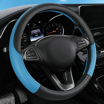 Leather Patchwork Black Blue Steering Wheel Cover, 14.5-15 Inch Non-Slip Breathable Microfiber Car Steering Wheel Protector
