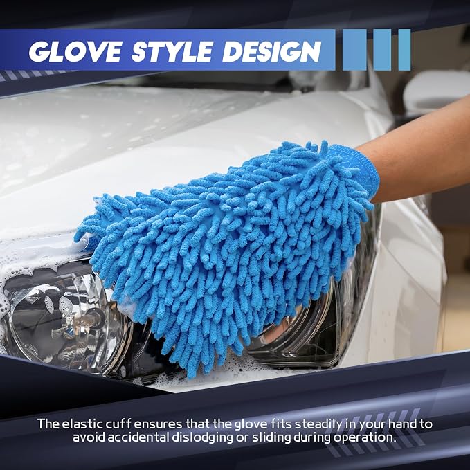 wuyaoyao 2PCS Car Wash Mitt, 10.14"×7.12" Chenille Microfiber Car Wash Mitts, Scratch-Free & Lint-Free, Absorbent Double Sided Clean Glove for Cars Cleaning, Auto Cleaning Supplies (Sky Blue)