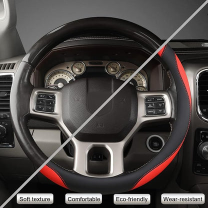 West Llama Customized Auto Car Steering Wheel Cover for Dodge RAM 1500 2500 3500, 15.5-16 inch (Black+Red-Large Size)