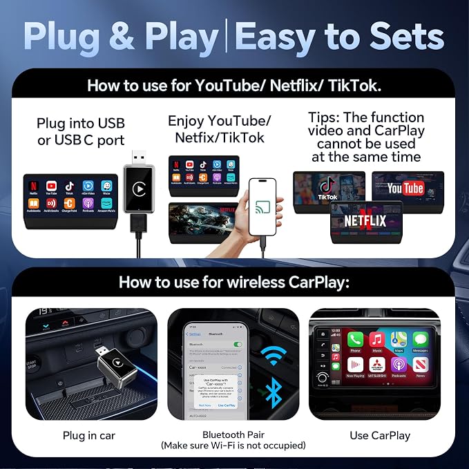 Wireless CarPlay Adapter with Screen Mirroring for Any Apps (YouTube/N-etflix/TikTok) from Phone to in-Vehicle Infotainment Display Screen,Convert Factory Wired CarPlay to Wireless