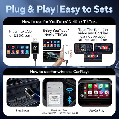 Wireless CarPlay Adapter with Screen Mirroring for Any Apps (YouTube/N-etflix/TikTok) from Phone to in-Vehicle Infotainment Display Screen,Convert Factory Wired CarPlay to Wireless