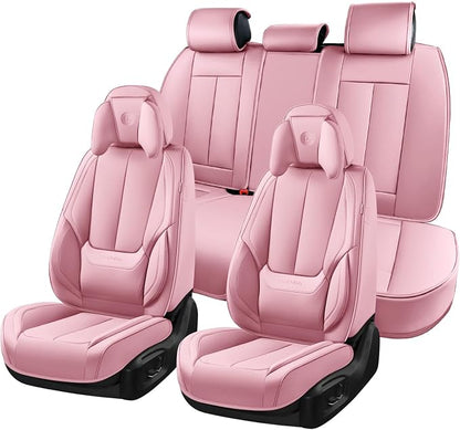 Coverado Seat Covers Full Set, 5 Seats Seat Covers for Cars, Waterproof Nappa Leather Car Seat Covers with Head Pillow, Seat Protectors Car Seat Cushion Universal Fit for Most Cars (Pink)
