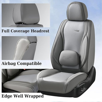 Coverado Car Seat Covers Full Set, Gray Seat Covers for Cars, Waterproof Nappa Leather Automotive Seat Covers with Lumbar Head Pillow, Car Seat Protectors, Universal Fit for Most Cars SUV