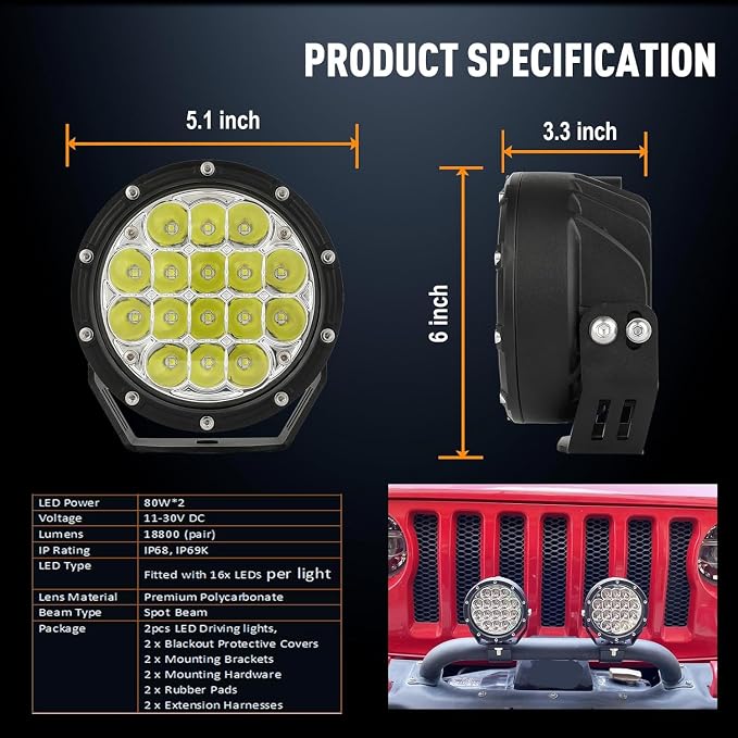 BIGLION.X 5 Inch Round Offroad Lights 2PCS 160W LED Spot Beam Light LED Work Light Driving Light Fog Light for Truck 4x4 Pickup SUV ATV UTV