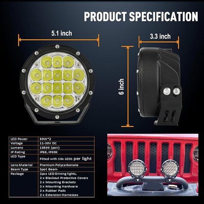 BIGLION.X 5 Inch Round Offroad Lights 2PCS 160W LED Spot Beam Light LED Work Light Driving Light Fog Light for Truck 4x4 Pickup SUV ATV UTV