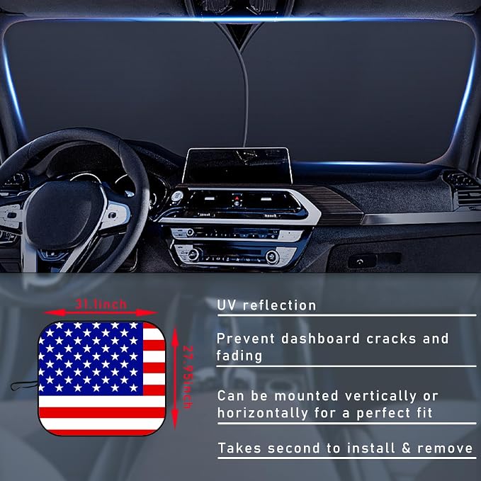 Ziciner 2 PCS Car Windshield Sun Shade, Auto Sun Heat and UV Rays Blocker, 28"×31" Foldable Automotive Front Window Sunshade Protector, Universal Vehicle Interior Accessories (Red Flag-M)