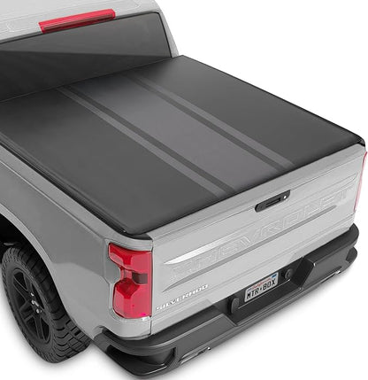 Racing Stripe Tonneau Cover Soft Roll-up Truck Bed Protector All Weather Retractable for Chevrolet Chevy Silverado 1500 2019-2026 and GMC Sierra 1500 19-26 Short Bed 5.8 ft Black/Gray