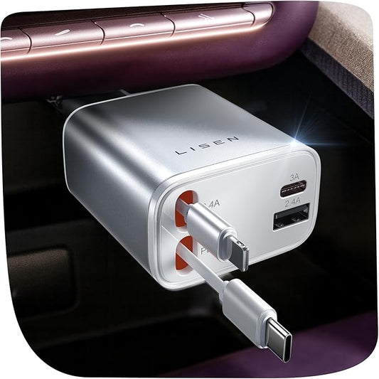 LISEN Retractable Car Charger for iPhone, for iPhone 17 Pro Max 16 15 14 13 12 Plus Mini, Cute 4 in 1 Retractable USB C Car Charger Fast Chareg for Women Men, 84W Fast Charging Car Accessorie | Multiple Ports Car Charger, Retractable Car Charger Fast C...