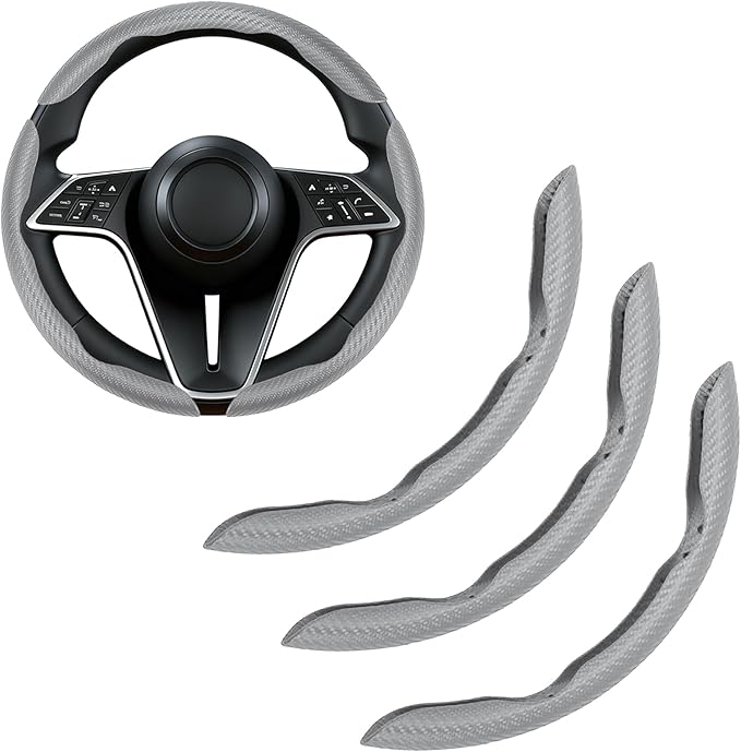 Carbon Fiber Steering Wheel Cover, 3-Piece Set Anti-Skid Comfortable Grip Segmented Butterfly Design, Easy Snap-On Installation Universal Fit 99% Cars, Gray