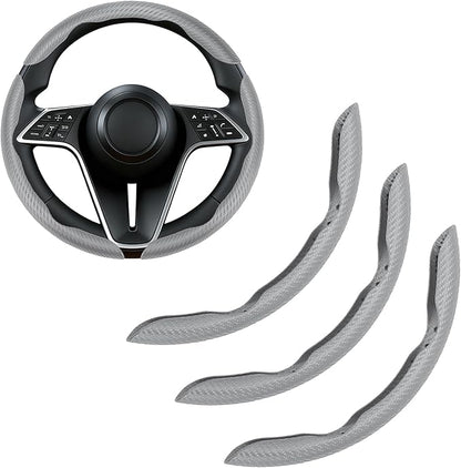 Carbon Fiber Steering Wheel Cover, 3-Piece Set Anti-Skid Comfortable Grip Segmented Butterfly Design, Easy Snap-On Installation Universal Fit 99% Cars, Gray