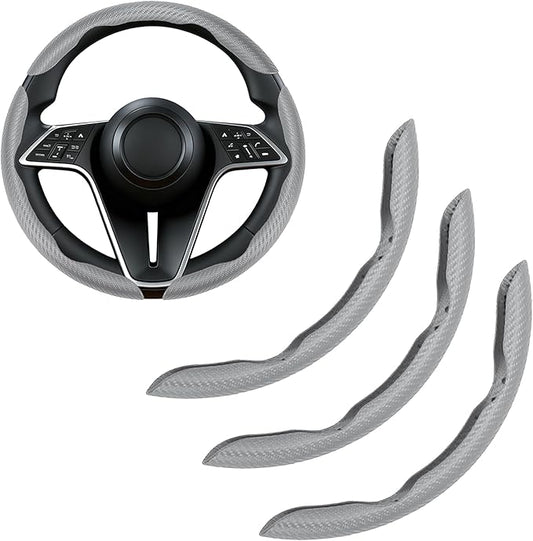 Carbon Fiber Steering Wheel Cover, 3-Piece Set Anti-Skid Comfortable Grip Segmented Butterfly Design, Easy Snap-On Installation Universal Fit 99% Cars, Gray
