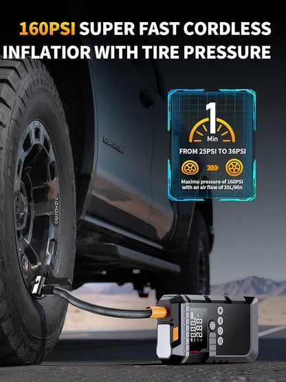 Jump Starter with Air Compressor, Battery Jumper Starter Portable,12V Jump Box with 160PSI Tire Inflator for Car Battery, LED Display for All Gas & 12L Diesel Engines, LED Light, Jumper Cables