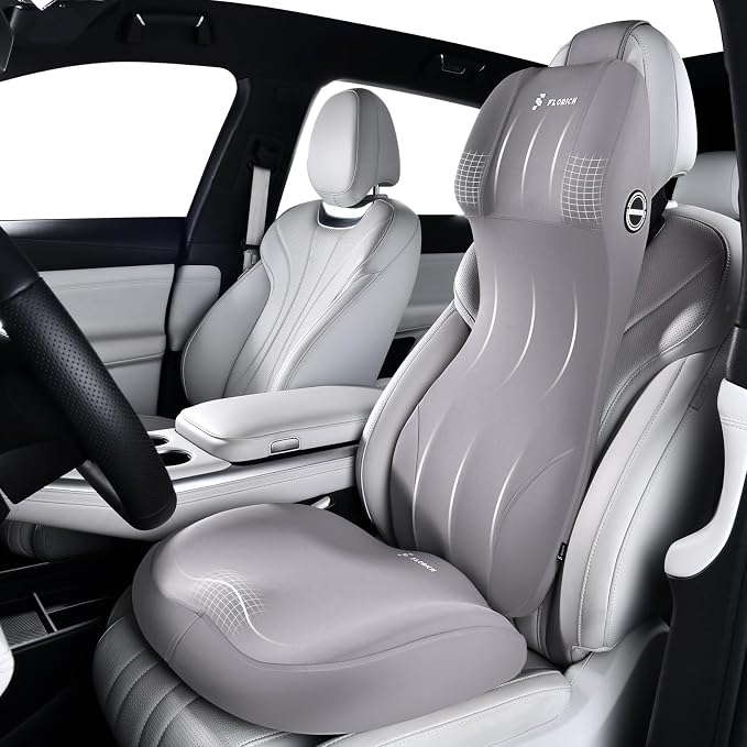 FLORICH Car Seat Cushion and Lumbar Support Headrest Pillow Memory Foam Seat Cushion Ergonomic 2-in-1 Car Neck Pillow & Back Support for Car Truck Seat Long Driving Sciatica Tailbone Pain Relief, Gray