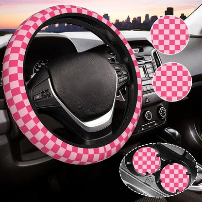 Hot Pink Checkered Steering Wheel Cover for Women, Universal Auto Steering Wheel 14-15 Inch Car Interior Accessories with 2PCS Car Coasters, Suitable for Men and Women