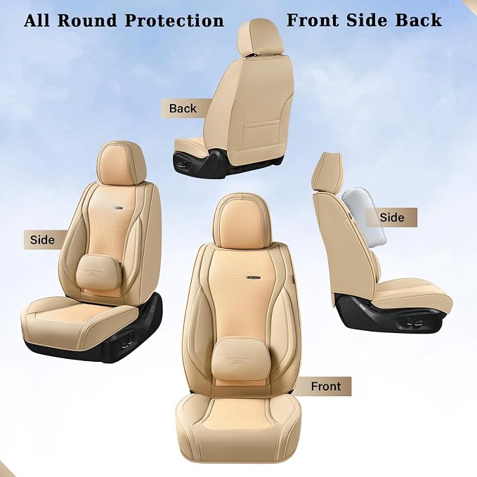 Coverado Seat Covers, Car Seat Covers Front Seats, Waterproof Nappa Leather Auto Seat Cover with Lumbar Head Pillow, Beige Seat Covers Carseat Cover Universal Fit for Most Cars