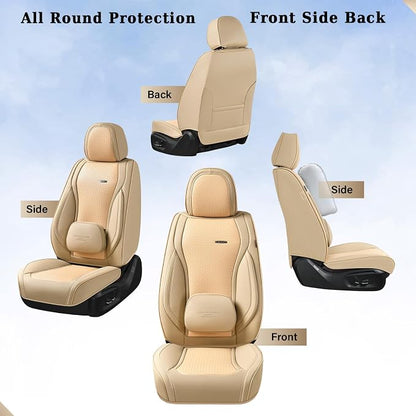 Coverado Seat Covers, Car Seat Covers Front Seats, Waterproof Nappa Leather Auto Seat Cover with Lumbar Head Pillow, Beige Seat Covers Carseat Cover Universal Fit for Most Cars