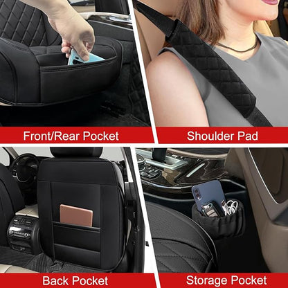 BEITK 2 Pack Leather Front Car Seat Covers,Universal Breathable Full Surround Leather Car Seat Cover Protector,Split Waterproof Luxury Auto Black Seat Cover Cushion for Sedan Cars Pick-up Trucks SUV