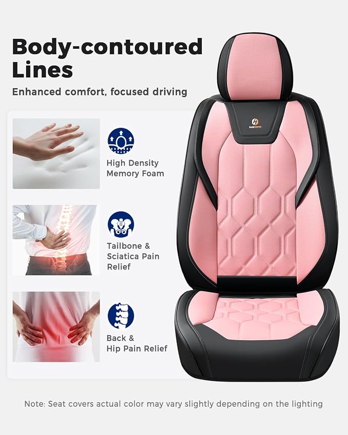 Huidasource Seat Covers Full Set, Universal Fit for Most Cars SUV Trucks, Full Coverage Leather Seat Cover, Airbag, Cupholder Compatible, Seat Function Retain, Easy Install with Velcro, Black & Pink