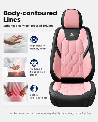 Huidasource Seat Covers Full Set, Universal Fit for Most Cars SUV Trucks, Full Coverage Leather Seat Cover, Airbag, Cupholder Compatible, Seat Function Retain, Easy Install with Velcro, Black & Pink