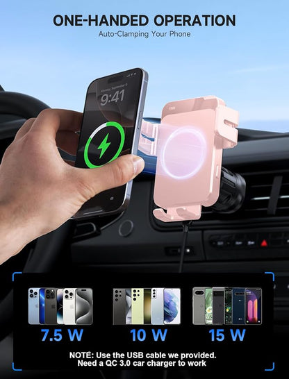 MOKPR Wireless Car Charger, 15W Auto Clamping Car Charger Dash Windshield Air Vent Phone Holder Compatible with iPhone 16 15 14/13/13 Pro/12 pro/12/11/X/8, Samsung S24/S23/S22, Pink