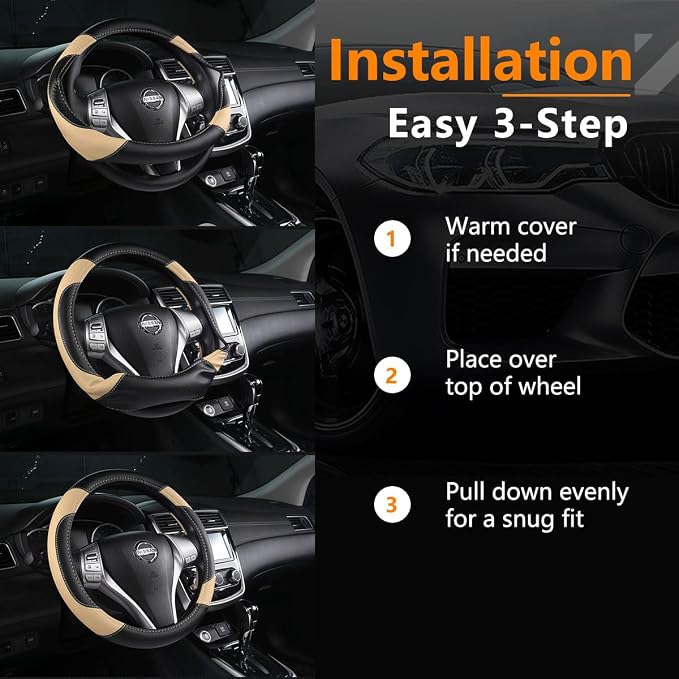 Leather Car Steering Wheel Cover, Non-Slip Car Wheel Cover Protector Breathable Microfiber Leather Universal Fit for Most Cars(Beige)