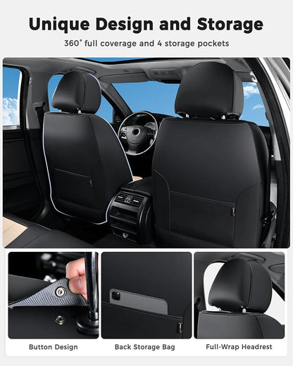 Huidasource Seat Covers Full Set, Universal Fit for Most Cars SUV Trucks, Full Coverage Leather Seat Cover, Airbag, Cupholder Compatible, Seat Function Retain, Easy Install with Velcro, Black & Beige