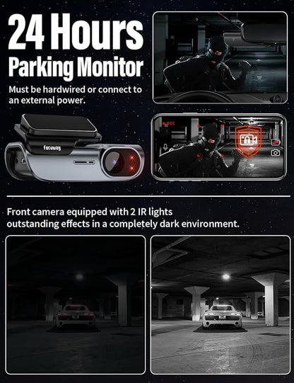 FOCUWAY 4K Front and Rear Dash Cam: Fast 5GHz WiFi & Hands-Free Voice Control, Compact Hidden Design, 24/7 Parking Mode Recording, Supercapacitor & Type-C, Free 64GB Card, Super Night Vision