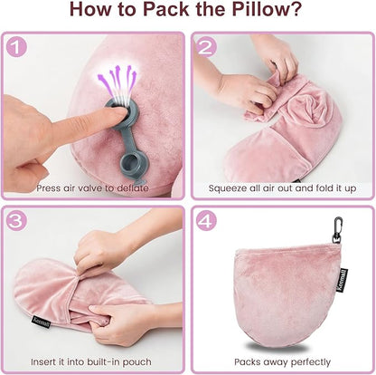 Keemall Inflatable Travel Pillow, Premium Soft Pink Velvet Inflatable Neck Pillow, Washable Lightweight Portable Travel Essentials for Flight Road Trip Camping Office, Travel Gift for Women Girls