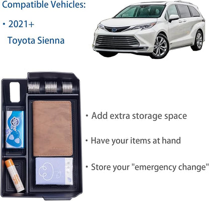 TOPINSTALL Center Console Organizer Compatible with 2021-2026 Toyota Sienna Accessories, Armrest Box Secondary Storage Tray Coin Container ABS Plastic-Black