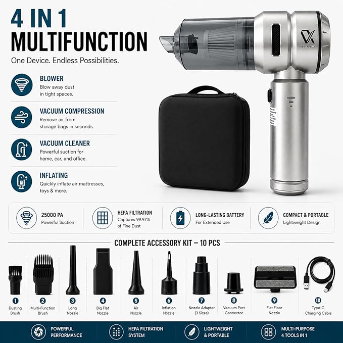 Handheld Car Vacuum Cleaner Cordless Powerful 25000Pa Suction, 3-Speed Brushless Motor Mini Portable Rechargeable Lightweight Hand Held Vacuum & Blower for Vehicle Office Home Pet Hair