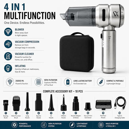 Handheld Car Vacuum Cleaner Cordless Powerful 25000Pa Suction, 3-Speed Brushless Motor Mini Portable Rechargeable Lightweight Hand Held Vacuum & Blower for Vehicle Office Home Pet Hair