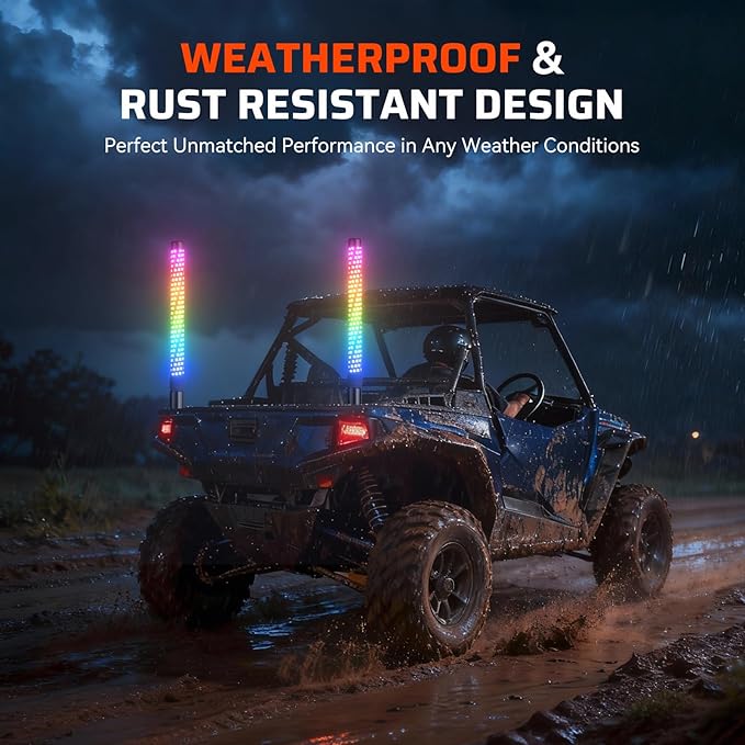 Ehaho 2FT Fat Whip Lights for UTV ATV, Led Fatty Whip Light W/Rocker Switch & 3 Flags, Brighter Spiral Chasing Lighted Antenna Whip with APP & Remote Control for RZR SXS