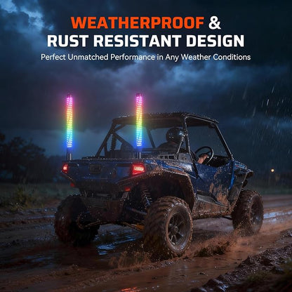 Ehaho 2PCS 4FT Fat Whip Lights for UTV ATV, Led Fatty Whip Light W/Rocker Switch & 6 Flags, Brighter Spiral Chasing Lighted Antenna Whip with APP & Remote Control for RZR SXS