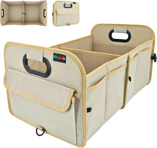 PAT SAM'S Trunk Organizer for SUV, Collapsible Car Trunk Organizer with Dividers, Waterproof 600D Oxford, Non-Slip Storage Organizer for Groceries, Tools, Travel, Truck & Car (Beige)