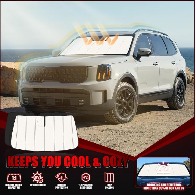 Windshield Sun Shade for Kia Telluride 2020-2025 2026, Front Window Visor Accessories, Folding Design Blocks Heat & UV Rays Maintain Cool Interior and Save Space