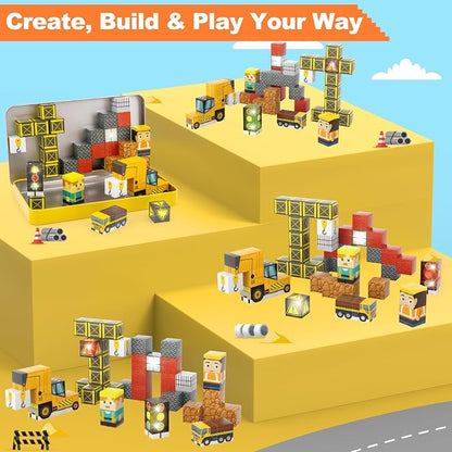 Aywewii Travel Magnetic Blocks 45 PCS Travel Toys for Kids Ages 3-5, Magnet Building Cubes STEM Learning Set with Iron Case - Portable Building Toys for Boys and Girls (Construction Edition 1)