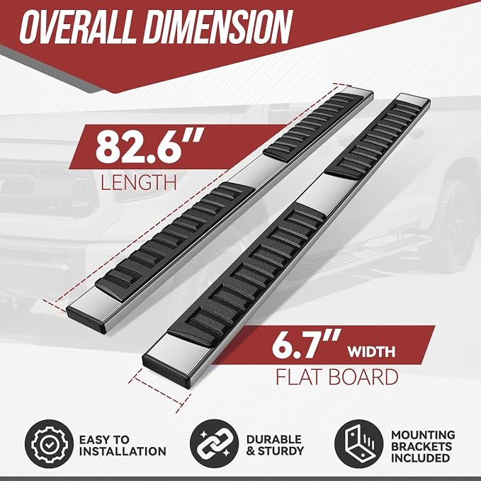 6.7" Running Boards Steps Bars Compatible with 2007-2019 Sierra/Silverado 1500 2500HD 3500HD Crew Cab, Stainless Steel, Metallic