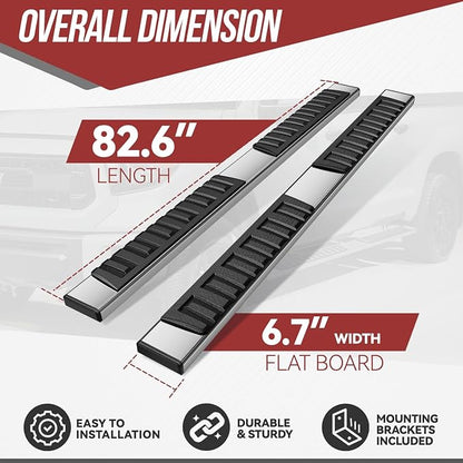 6.7" Running Boards Steps Bars Compatible with 2007-2019 Sierra/Silverado 1500 2500HD 3500HD Crew Cab, Stainless Steel, Metallic