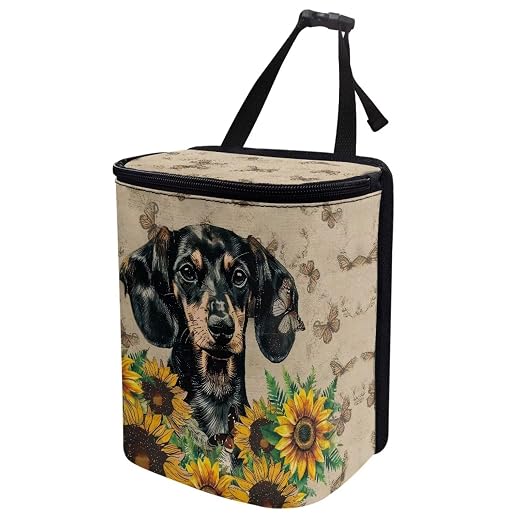 Talayituse Dachshund Sunflower Butterfly Print Car Trash Can with Lid, Leak Proof Auto Trash Bag Hanging Vehicle Garbage Can Multipurpose Storage Container for Back Seat Road Trip