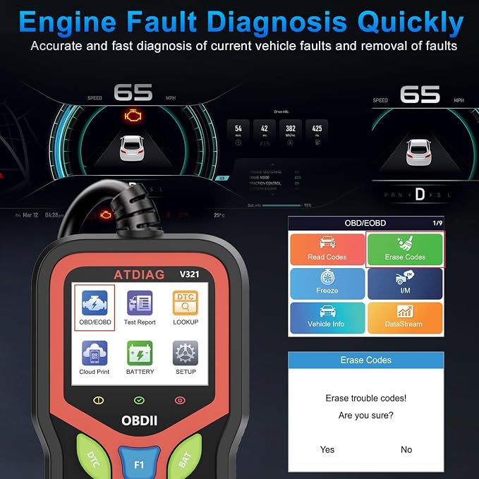 OBD2 Scanner Diagnostic Tool, Check Engine Lights and Clear Vehicle Trouble Code, Battery Start Test, Live Data, Cloud Printing, Freeze Frame, Car Scanner for All OBDII Vehicles Since 1996