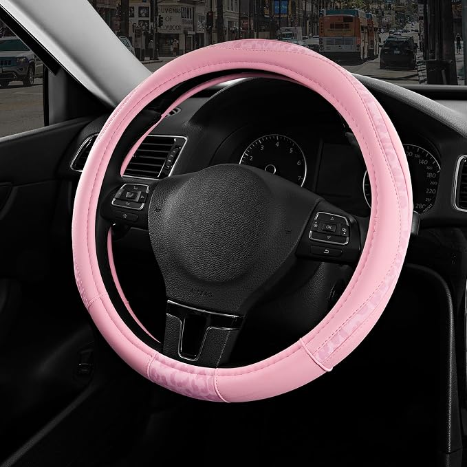 Road Comforts Steering Wheel Cover - Made with PVC Leather and Leopard Fabric - Universal 14 1/2 inches to 15 inches for Most Automotive Steering Wheel - Cheetah Print - All Pink