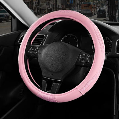 Road Comforts Steering Wheel Cover - Made with PVC Leather and Leopard Fabric - Universal 14 1/2 inches to 15 inches for Most Automotive Steering Wheel - Cheetah Print - All Pink