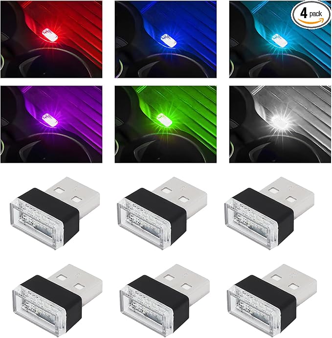 Yourkar 4 PCS USB LED Car Interior Atmosphere Lamp, Plug-in USB Interface Trunk Ambient Lighting Kit, Night Led Decoration Mini USB Light, Universal Interior Car Accessories (6 PCS, 6 Clors)